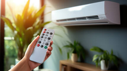 Hand holding an air conditioner remote, Air conditioner inside the room with woman operating remote controller. - obrazy, fototapety, plakaty
