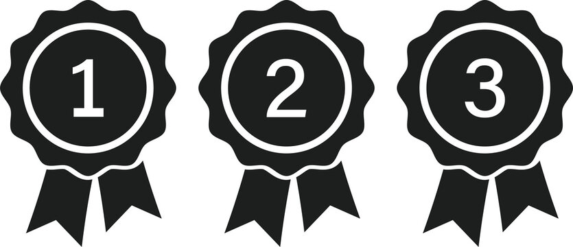 Isolated black champion ribbon badge, reward medal with star, prize award