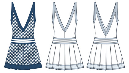 Women's V-Neck Dress technical fashion illustration, houndstooth pattern. Pleated Dress fashion flat technical drawing template, mini, sleeveless, front, back view, white, blue, women CAD mockup set.