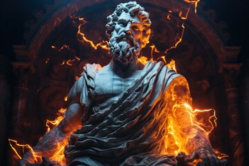 Fototapeta premium Sculpture stoïcienne représentant un personnage dans un environnement de feu. Grec ancien, romain. Stoïcisme. IA générative, IA
