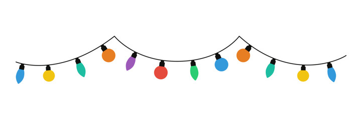 Christmas lights on a white background. Garlands with colored bulbs. Vector illustration. Happy New Year decoration