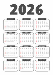 2026 Basic Calendar in White Background