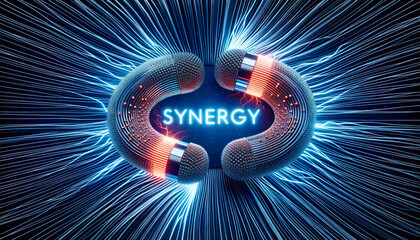 3D graphic of a magnetic field where positive and negative forces attract and repel, creating a mesmerizing pattern. Amidst this dynamic interplay, the word 'SYNERGY' pulsates with electric energy. - obrazy, fototapety, plakaty