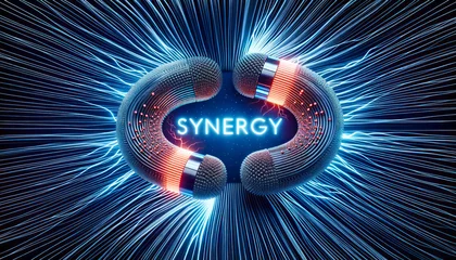 Fotobehang 3D graphic of a magnetic field where positive and negative forces attract and repel, creating a mesmerizing pattern. Amidst this dynamic interplay, the word 'SYNERGY' pulsates with electric energy. © Bartek