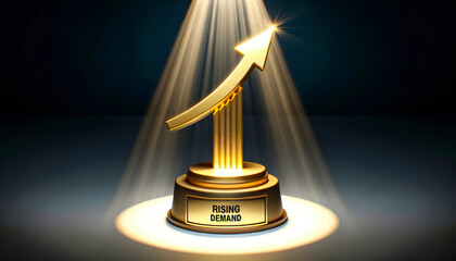 3D render of a spotlight focusing on a golden trophy shaped like a rising arrow. The base of the trophy is inscribed with RISING DEMAND, symbolizing excellence in meeting growing needs. - obrazy, fototapety, plakaty