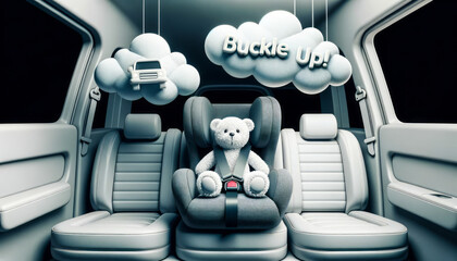 Child Safety First: Teddy Bear Strapped in Car Seat with Cloudy BUCKLE UP!