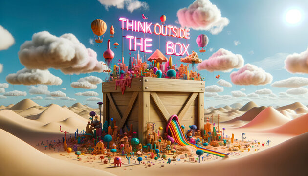 Deserted Ideascape: Whimsical Structures from Wooden Box Under Think Outside the Box Neon Glow