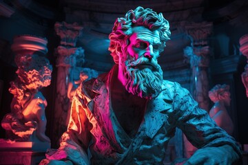 Fototapeta na wymiar Sculpture stoïcienne façon personnage dans un environnement couleur néon. Du grec ancien, du romain et du cyberpunk. Stoïcisme. IA générative, IA