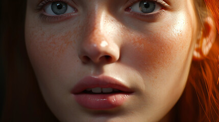 Beautiful lips and skin closeup of woman with freckles