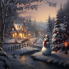 Fototapeta premium a cute smiling snowman stands against the backdrop of a festive winter landscape