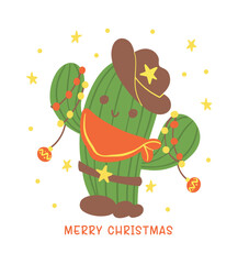 Cute Christmas Cactus Cartoon, Kawaii Retro Western Cowboy plant Hand Drawing and Festive Flat Design