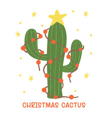 Christmas Cactus Cartoon, Cute Retro Western Cowboy Hand Drawing and Festive Flat Design
