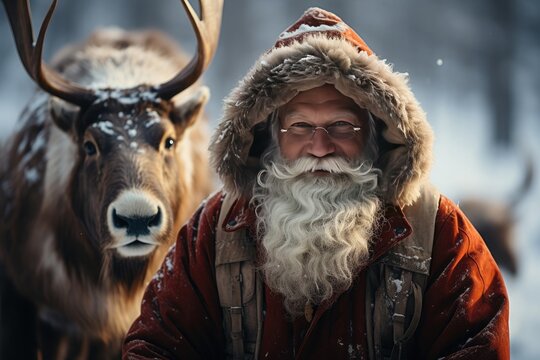 real image of santa claus accompanied by a reindeer