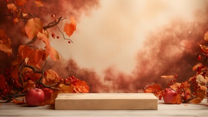 empty platform for product display with autumn theme background