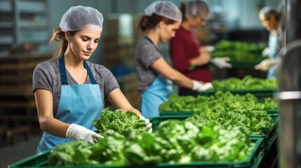 Woman worker are sorting and processing fresh lettuce during work in vegetable factory. - obrazy, fototapety, plakaty