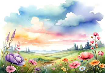 Fototapeta na wymiar Summer landscape, countryside flowers and meadows, watercolor illustration.
