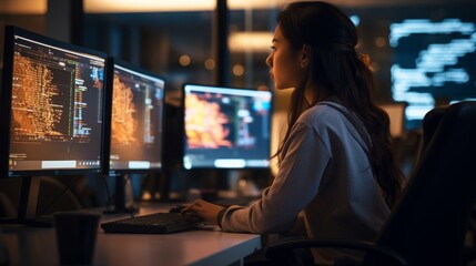charismatic young woman , a software developer businesswoman working in data analytics science or engineering sitting in front three monitors coding.