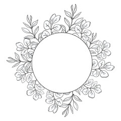 Eucalyptus leaves line art wreath, simple hand drawn vector illustration, isolate on white background.