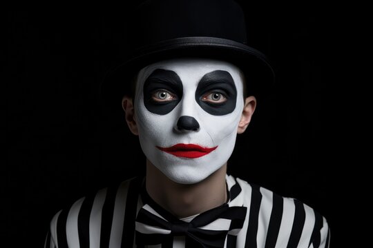 Portrait of a mime with painted face in a silent expression.