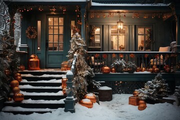 exteriors of the house are decorated for Christmas or New Year's holiday, city street in winter, snow, gifts on the porch, and street lights, a fairy-tale environment
