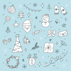 collection of winter holiday elements in doodle style