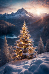 Christmas tree in a winter forest, decorated with garlands and lights, snow covered mountains, beautiful nature at sunset