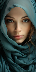 Junge muslimische hübsche Frau mit Blau Grünen Augen trägt Hijab im Studio Porträt Aufnahme, ai generativ - obrazy, fototapety, plakaty