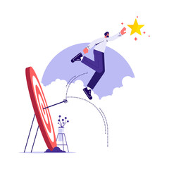 Businessman jumps on target as trampoline to a star, flat cartoon vector illustration, concept of reaching the goal in business vector