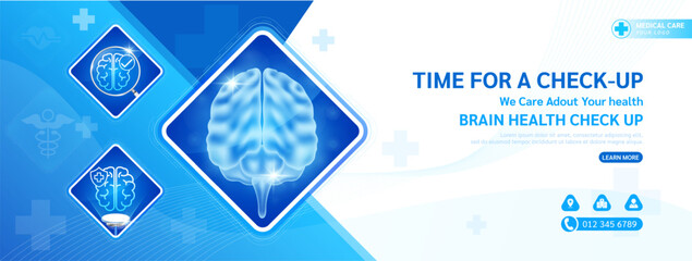 Medical banner social media health care template design for check up. Brain in square frame magnifying glass and stethoscope examining organ. Poster or background for medical ads website. Vector.