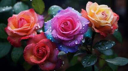 Close-up of dew-kissed roses in a garden, their colors vivid and petals glistening.