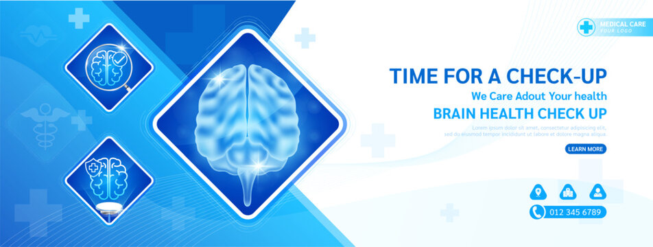 Medical banner social media health care template design for check up. Brain in square frame magnifying glass and stethoscope examining organ. Poster or background for medical ads website. Vector.