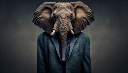 Fototapeta na wymiar Elefant Portrait Chefsache skurril lustige Tiere in Chefposition mit Anzug Charakter Kartenmotiv Vorlage Motiv Idee Generative AI 