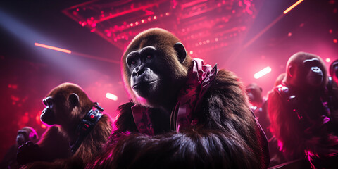 Affen in der Doscothek mit collen outfit und Brille als DJ machen Party im Querformat für Banner, ai generativ