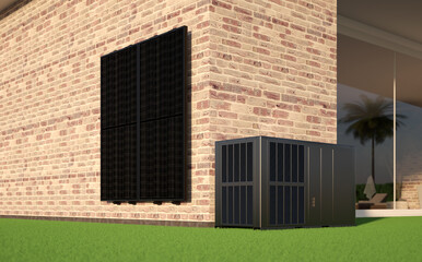heat pump energy with solar panel as a heater and alternative green energy - 3D Illustration - 669023676