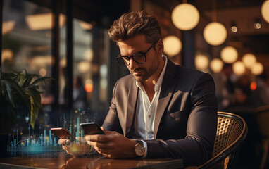 Businaess man use smart phone sit at outdoor coffee shop.