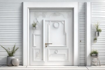 White front door with small square decorative windows