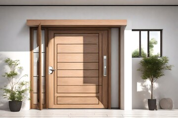 wood front door with white color wall, with small square decorative windows - obrazy, fototapety, plakaty