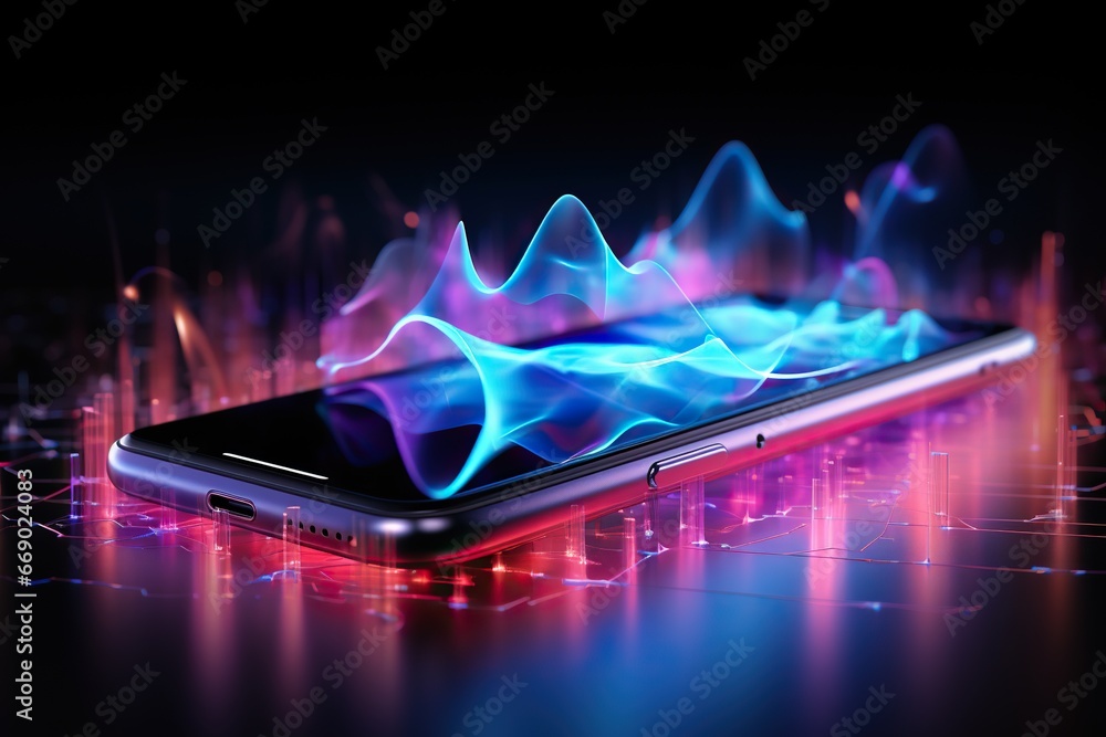 Wall mural abstract image of neon sound waves over a smartphone on a dark background. music and entertainment c