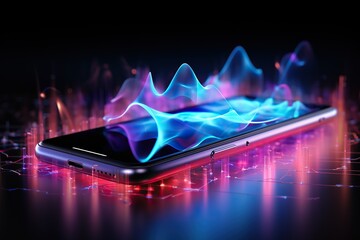 Abstract image of neon sound waves over a smartphone on a dark background. Music and entertainment concept. Generated by artificial intelligence - Powered by Adobe