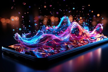 Abstract image of neon sound waves over a smartphone. Music and entertainment concept. Generated by artificial intelligence
