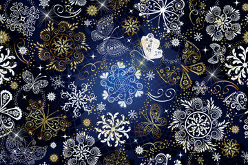 Vector seamless hand drawn christmas gradient pattern with openwork butterflies and snowflakes - obrazy, fototapety, plakaty