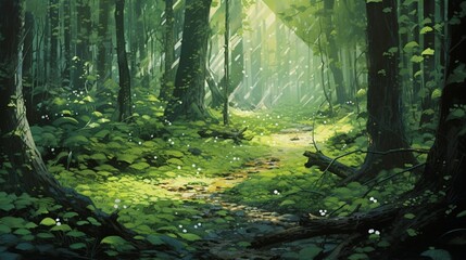 Sunlight filtering through a dense canopy of green leaves, creating dappled patterns on the forest floor.