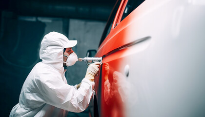 A car painter in a white protective suit paints a car with red spray paint.