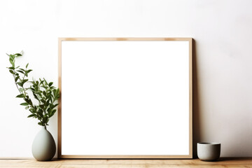 Fototapeta na wymiar Transparent Blank Canvas with Wood Frame on Wall - Naturalistic Light, Nature-Inspired Imagery, and Minimalist Design for Poster Mockup, Realistic Wood Texture and Elegant Interior Presentation
