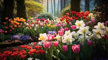 The burst of colors in a garden during spring, showcasing tulips, daffodils, and cherry blossoms in full bloom.