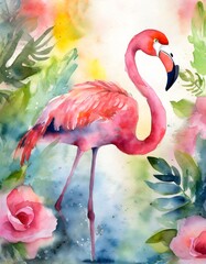Flamingo Watercolor painting colorful fantasy hand drawn illustration design art