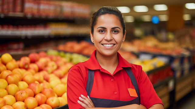 Smiling latin adult female supermarket fruit section worker looking at the camera.