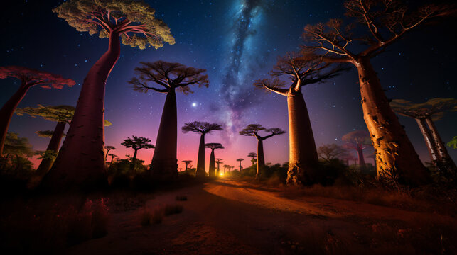 Baoba tree, Madagascar night with aurora, Generative Ai	