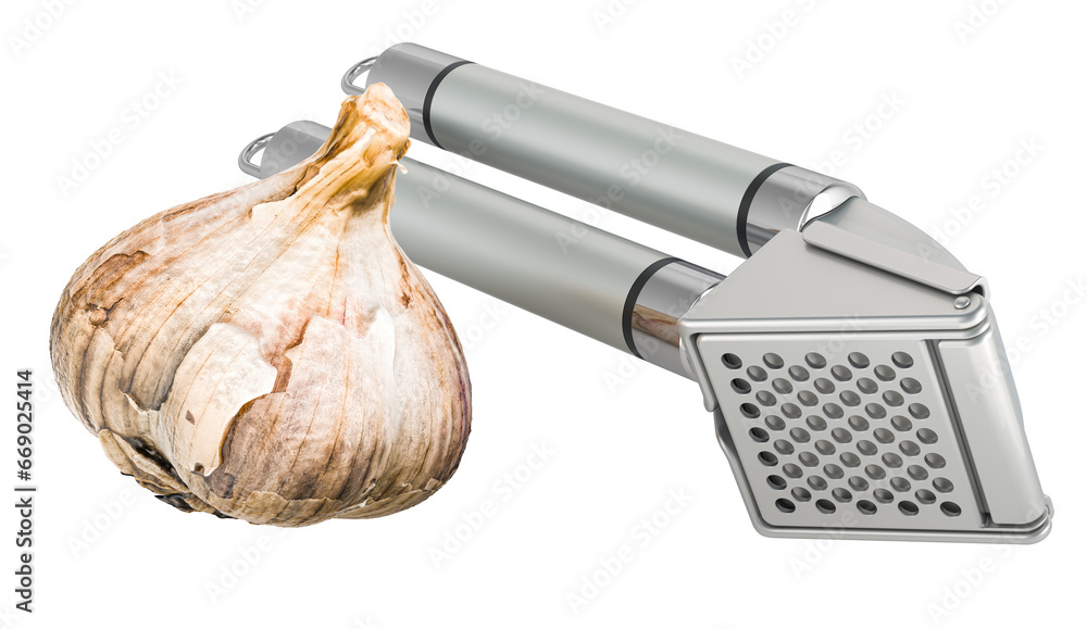 Poster garlic mincer with garlic. 3d rendering isolated on transparent background