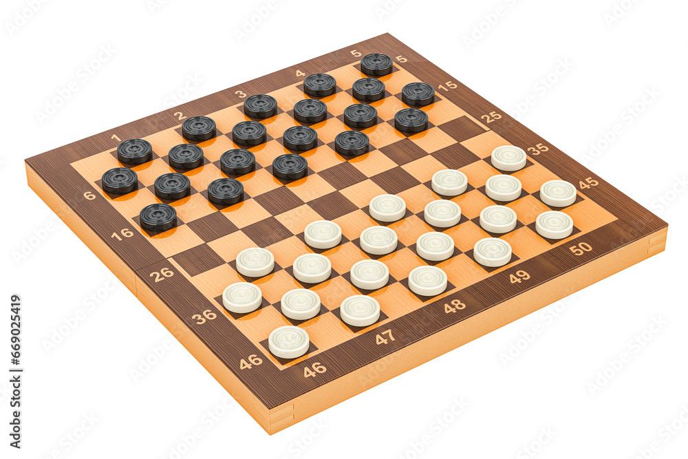 Poster international checkers game board and pieces. 3d rendering isolated on transparent background
